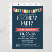 Invitation Bannières colorées Dark Navy Blue Anniversaire (Devant / Derrière)