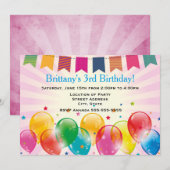 Invitation Bannières et ballons rose fête d'anniversaire (Devant / Derrière)