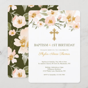 Invitation Baptême & 1Er Anniversaire Élégante Flore Aquarell