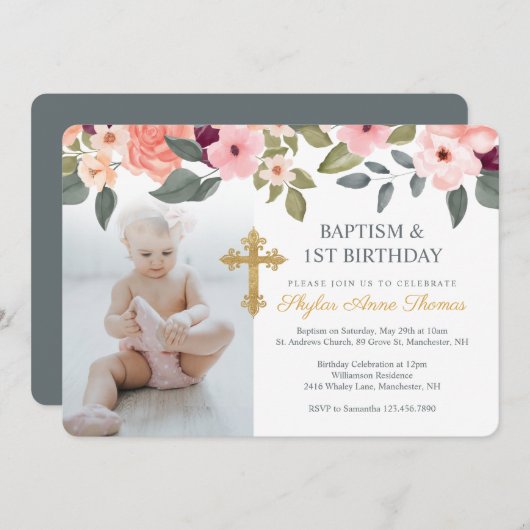 Invitation Baptême & 1er Anniversaire Fleurs Aquarelle Photo (Devant / Derrière)