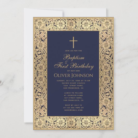 Invitation Baptême 1er anniversaire Floral Gold Navy Bleu Élé (Devant)