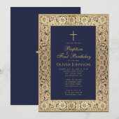 Invitation Baptême 1er anniversaire Floral Gold Navy Bleu Élé (Devant / Derrière)