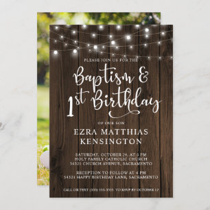 Invitation Baptême 1er Anniversaire Lumière à cordes de bois