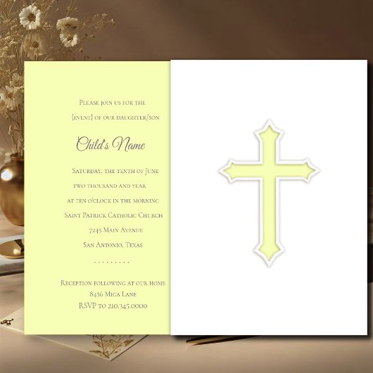 Invitation Baptême 1ère communion Confirmation Croix Jaune