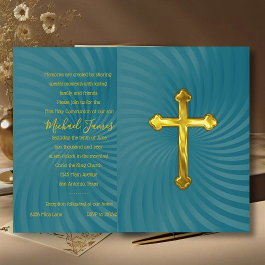 Invitation Baptême 1ère communion Confirmation Or Turquoise
