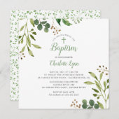 Invitation Baptême à feuilles vertes douces (Devant / Derrière)