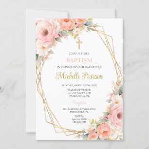 Invitation Baptême à fleurs roses