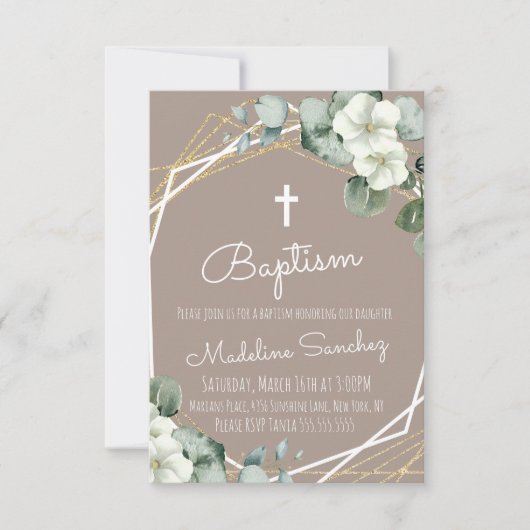 Invitation Baptême à l'aquarelle Eucalyptus Dédicace de bébé (Devant)
