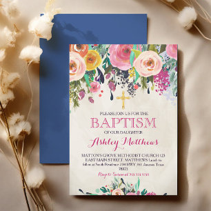 Invitation Baptême à l'aquarelle florale rose