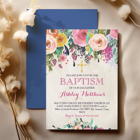 Invitation Baptême à l'aquarelle florale rose