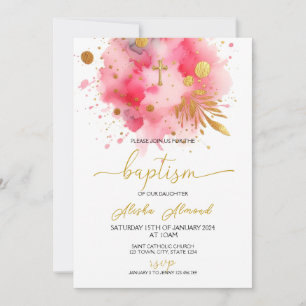 Invitation Baptême à l'aquarelle rose et or