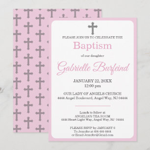Invitation Baptême à l'aquarelle rose pastel et croix grise