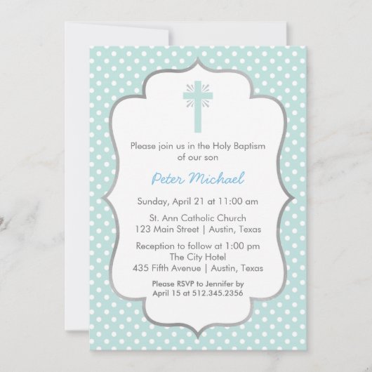 Invitation Baptême à point bleu Polka avec cadre croisé et ar (Devant)