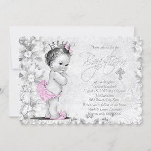 Invitation Baptême Adorable Princesse Vintage Rose et Gris