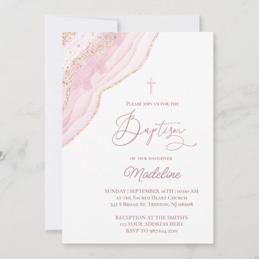 Invitation baptême agate rose élégant (Devant)