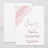 Invitation baptême agate rose élégant (Devant / Derrière)