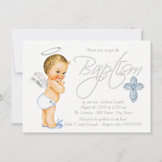 Invitation Baptême Ange Bleu Garçons (Devant)