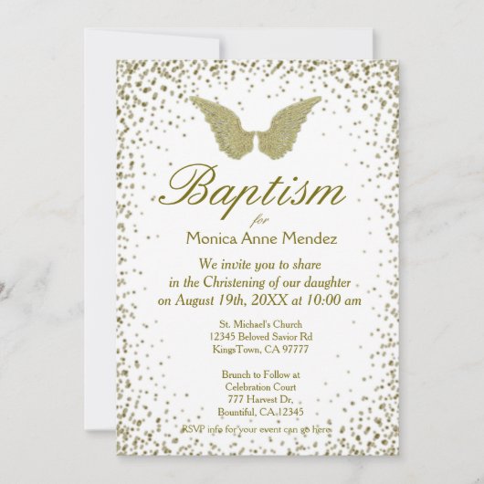Invitation Baptême | Angel Wings & Gold Confetti (Devant)