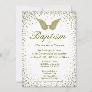 Invitation Baptême   Angel Wings & Gold Confetti