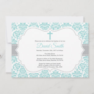 Invitation Baptême Aqua Turquoise Turquoise et Damas gris
