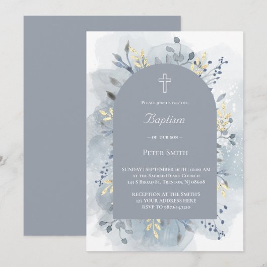 Invitation Baptême aquarelle feuillage (Devant / Derrière)