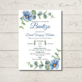 Invitation Baptême Aquarelle Feuilles verts et fleurs bleues