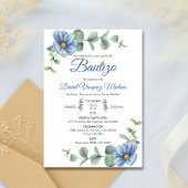 Invitation Baptême Aquarelle Feuilles verts et fleurs bleues