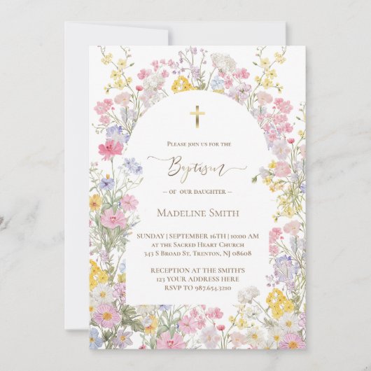 Invitation Baptême aquarelle fleurs de prairie (Devant)