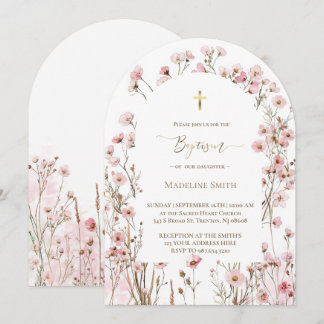Invitation Baptême aquarelle fleurs rose blush