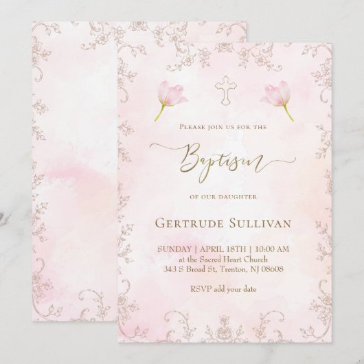 Invitation baptême aquarelle rose (Devant / Derrière)