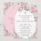 Invitation Baptême Arc Argent Rose Blanc Floral Baptême (Devant / Derrière)