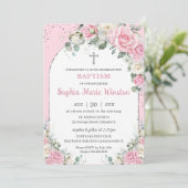 Invitation Baptême Arc Argent Rose Blanc Floral Baptême (Debout devant)