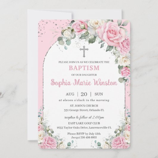 Invitation Baptême Arc Argent Rose Blanc Floral Baptême (Devant)