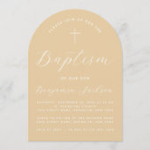 Invitation Baptême Arc Beige Simple Script Croix Brown (Devant)
