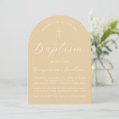 Invitation Baptême Arc Beige Simple Script Croix Brown (Debout devant)