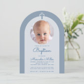 Invitation Baptême Arc Boy Photo Dusty Blue Christening (Debout devant)