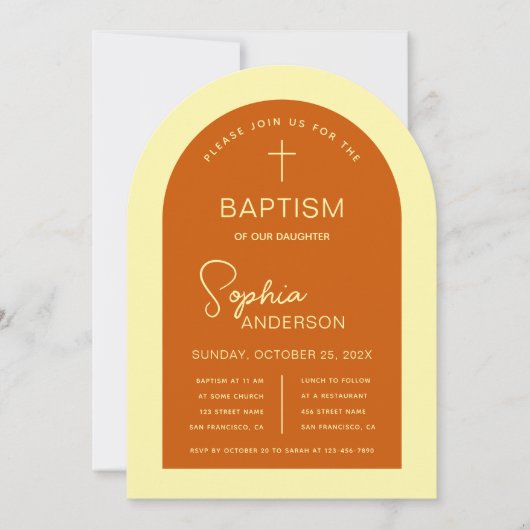 Invitation Baptême Arc Brûlé Orange Jaune Script moderne (Devant)