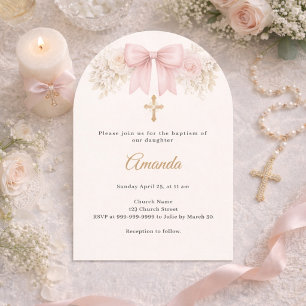 Invitation Baptême Arc de croix floraux rose blush ivoire