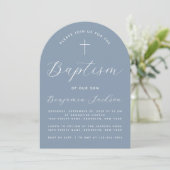 Invitation Baptême Arc Dusty Bleu Moderne Garçon Christening (Debout devant)