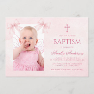 Invitation Baptême Arc-en-ciel Rose Fille Photo Aquarelle Chr