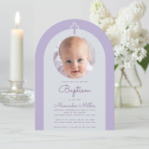 Invitation Baptême Arc Photo Lavande Purple Croix & Script
