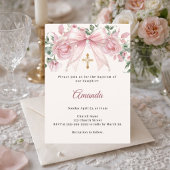 Invitation Baptême Arc Rose Fleurs en Ivoire Fille Croix