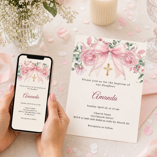 Invitation Baptême Arc Rose Fleurs en Ivoire Fille Croix