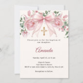 Invitation Baptême Arc Rose Fleurs en Ivoire Fille Croix (Devant)