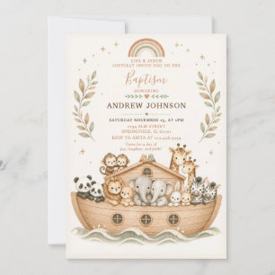 Invitation Baptême Arche de Noé aquarelle beige