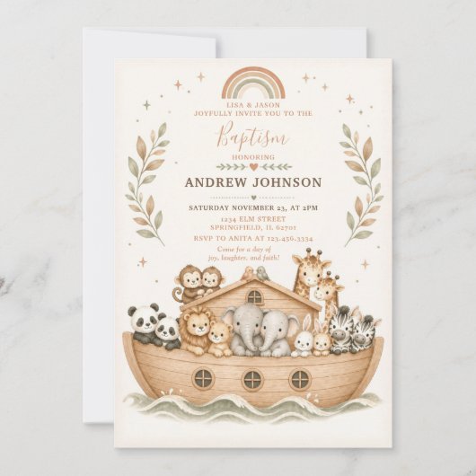 Invitation Baptême Arche de Noé aquarelle beige (Devant)