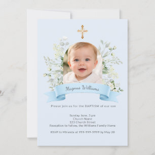 Invitation Baptême Arche de Photo Bleu Garçon Fleurs Blanches