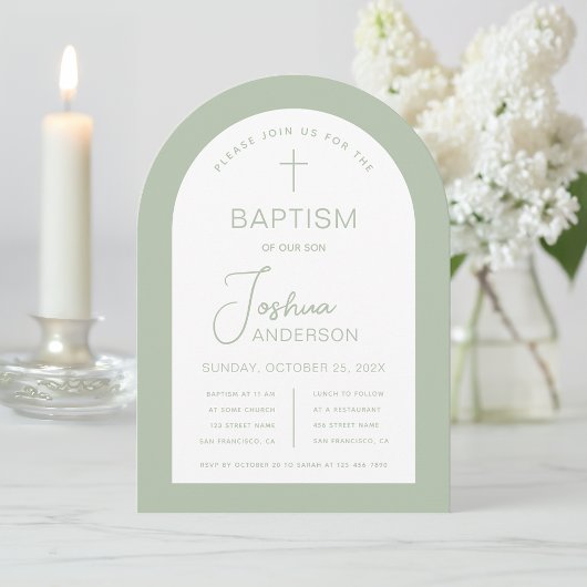 Invitation Baptême Arche Vert Sauge Moderne Écriture Christen