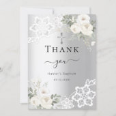 Invitation Baptême argent blanc dentelle florale (Devant)