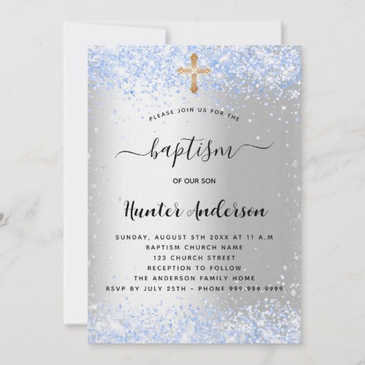 Invitation Baptême argent bleu confetti bébé garçon luxe (Devant)